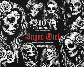 10 Bundle Dark Art Sugar Girl Muertos Mexicana Women Floral Girl Skull Tattoo Clipart Digital File Vector Ai / Eps / Svg / Png illustration