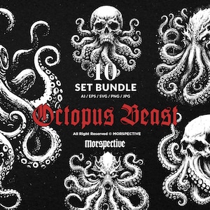 May include: A black and white digital art bundle featuring octopus and skull illustrations. The text reads "10 SET BUNDLE" and "Octopus Beast". Includes AI, EPS, SVG, PNG, and JPG file formats. All Rights Reserved.