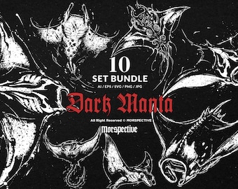 10 Bundle Dark Art Manta Stingray Pari Fish Ocean Dive Tattoo Clipart Digital File Vector Ai / Eps / Svg / Png illustration