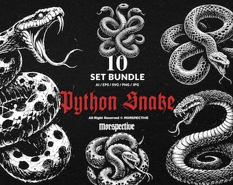 10 Bundle Dark Art Python Snake Skull Hand Drawn Tattoo Clipart Digital File Vector Ai / Eps / Svg / Png illustration