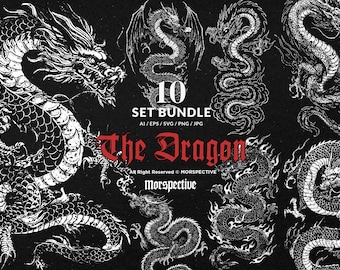 10 Bundle Dark Art The Dragon Chinese Myth Animal Beast Serpent Fire Tattoo Clipart Digital File Vector Ai / Eps / Svg / Png illustration