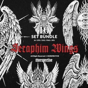 Może przedstawiać: Czarno-biały cyfrowy nadruk artystyczny przedstawiający różne wzory skrzydeł Serafina. Obraz zawiera tekst "10 SET BUNDLE" i "Seraphim Wings". Dostępny w formatach AI, EPS, SVG, PNG i JPG.