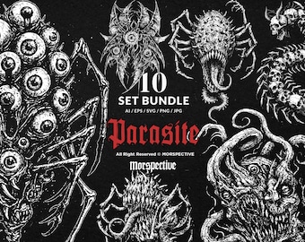10 Bundle Dark Art Parasite Death Plague Infection Monster Zombie Gore Tattoo Clipart Digital File Vector Ai / Eps / Svg / Png illustration