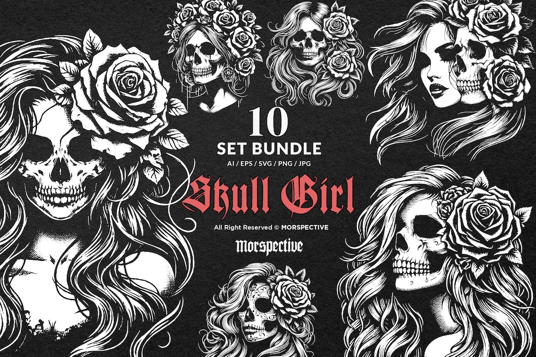 10 Bundle Dark Art Skull Girl With Long Hair Woman Grunge Vintage ...