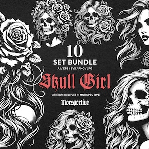 10 Bundle Dark Art Skull Girl with Long Hair Woman Grunge Vintage Tattoo Clipart Digital File Vector Ai / Eps / Svg / Png illustration