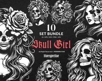 10 Bundle Arte Oscura Teschio Ragazza con capelli lunghi Donna Grunge Vintage Tattoo Clipart Digital File Vector Ai / Eps / Svg / Png illustrazione