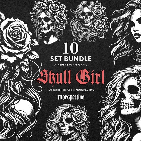 10 Bundle Dark Art Skull Girl with Long Hair Woman Grunge Vintage Tattoo Clipart Digital File Vector Ai / Eps / Svg / Png illustration