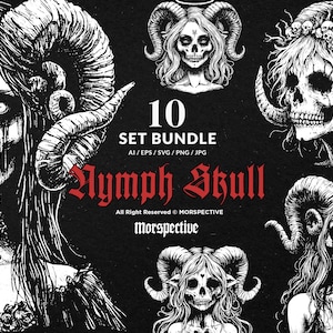10 Bundle Dark Art Nymph Girl Fairy Mystical Elf Gothic Horn Skull Tattoo Clipart Digital File Vector Ai / Eps / Svg / Png illustration
