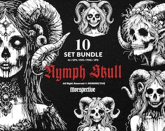 May include: A set of 10 black and white digital illustrations of a skull with horns and other demonic features. The text "Nymph Skull" is written in red letters below the images. The text "10 Set Bundle AI/EPS/SVG/PNG/JPG" is written in white letters above the images. The text "All Right Reserved © MORSPECTIVE Morspective" is written in white letters below the images.