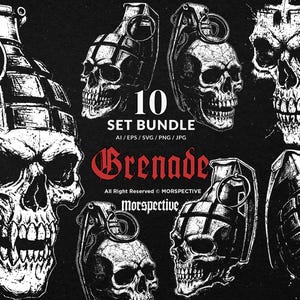 May include: A black and white illustration featuring multiple skull-shaped grenades. The image includes the text "10 SET BUNDLE" and the word "Grenade" in a stylized font. The design is a digital graphic.