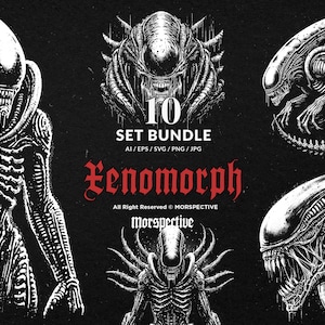 May include: A black and white illustration set featuring various Xenomorph designs. The image includes the text "10 SET BUNDLE" and "Xenomorph". The designs are detailed and stylized, with a focus on the creature's anatomy.