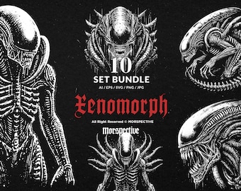 10-pack mörk konst Xenomorph Alien Predator UFO Odjur Skräck Handritad Tatuering Clipart Digital Fil Vektor Ai / Eps / Svg / Png-illustration