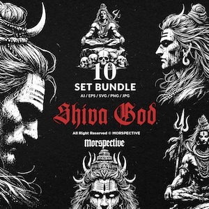 May include: A black and white illustration set featuring various depictions of the Hindu deity Shiva. The images include detailed portraits and full-figure representations, with the text "10 SET BUNDLE" and "Shiva God".