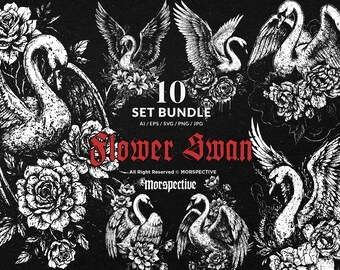 10 Bundle Dark Art Swan Floral Flower Bird Swan Feathers Love Natural Tattoo Clipart Digital File Vector Ai / Eps / Svg / Png illustration