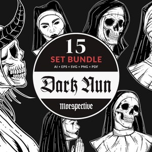 15 Bundle Dark Nun Prayer Girl Skull Horror Ghost Tattoo Clipart Digital File Vector Ai / Eps / Svg / Pdf / Png illustration
