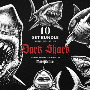 10 Bundle Dark Art Shark Fish Beast Ocean Sea Bite Creature Tattoo Clipart Digital File Vector Ai / Eps / Svg / Png illustration