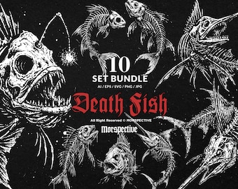 10 Bundle Dark Art Death Fish Bone Sea Ocean Skeleton Skull Tattoo Clipart Digital File Vector Ai / Eps / Svg / Png illustration