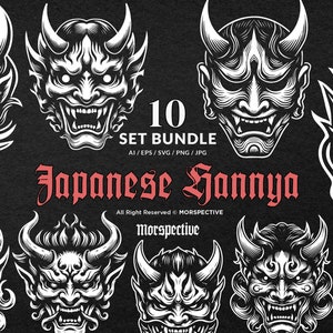 May include: A set of 10 black and white illustrations of Japanese Hannya masks. The masks are stylised and have a fierce expression. The text "10 SET BUNDLE AI/EPS/SVG/PNG/JPG Japanese Hannya All Right Reserved © MORSPECTIVE Morspective" is at the bottom of the image.