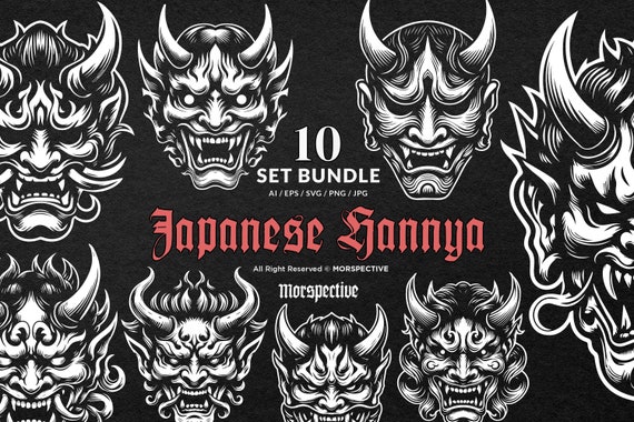 10 バンドル ダーク アート 怖い日本の般若マスク 黒白イラスト
