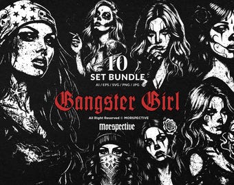 10 Bundle Dark Art Gangster Girl Mafia Muertos Mexicana Women Skull Tattoo Clipart Digital File Vector Ai / Eps / Svg / Png illustration