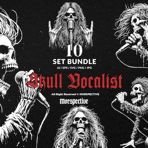 10-pack mörk konst skalle sångare musik rock metal ljud handritad tatuering clipart digital fil vektor AI / Eps / Svg / Png illustration
