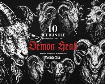 10 Bundle Dark Art Demon Head Skull Devil Baphomet Goat Black Magic Tattoo Clipart Digital File Vector Ai / Eps / Svg / Png illustration
