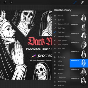K&ouml;nnte beinhalten: Eine digitale Illustration einer Frau mit H&ouml;rnern und einem Sch&auml;del, mit dem Text "Dark N Procreate Brush" und dem Logo "procreate" darunter. Das Bild ist eine Vorschau auf einen digitalen Pinsel-Satz f&uuml;r die Procreate-App.