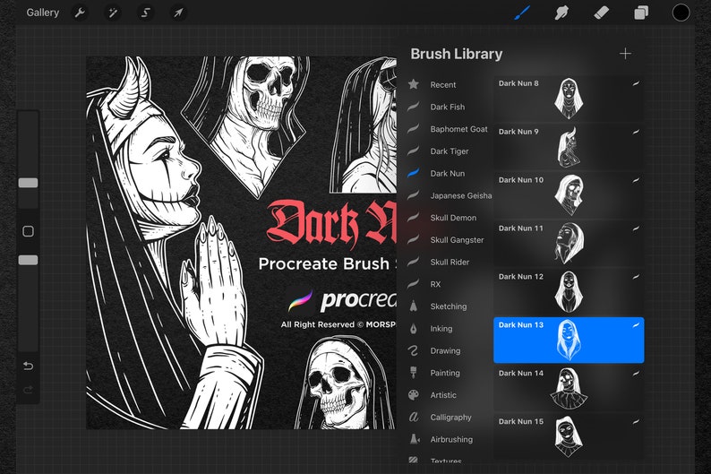 K&ouml;nnte beinhalten: Eine digitale Illustration einer Frau mit H&ouml;rnern und einem Sch&auml;del, mit dem Text "Dark N Procreate Brush" und dem Logo "procreate" darunter. Das Bild ist eine Vorschau auf einen digitalen Pinsel-Satz f&uuml;r die Procreate-App.
