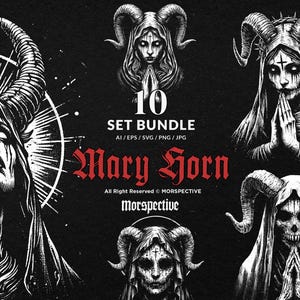 Könnte beinhalten: Ein Schwarz-Weiß-Digital-Art-Bundle mit Illustrationen von Figuren mit Hörnern und gotischer Bildsprache. Der Text lautet "10 SET BUNDLE" und "Mary Horn". Enthält AI-, EPS-, SVG-, PNG- und JPG-Formate.