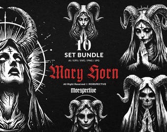 May include: A black and white digital art bundle featuring illustrations of figures with horns and gothic imagery. The text reads "10 SET BUNDLE" and "Mary Horn". Includes AI, EPS, SVG, PNG, and JPG formats.