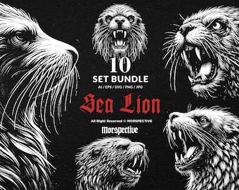 10 Bundle Dark Art Sea Lion Ocean Animal Angry Fangs Skull Hand Drawn Tattoo Clipart Digital File Vector Ai / Eps / Svg / Png illustration