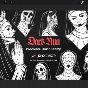 K&ouml;nnte beinhalten: Schwarzwei&szlig;-Digitalillustration eines Sets Procreate-Pinsel-Stempel mit einem dunklen Nonnen-Motiv. Der Text "Dark Nun" und "Procreate Brush Stamp" ist im Bild enthalten. Das Bild enth&auml;lt auch das Procreate-Logo.