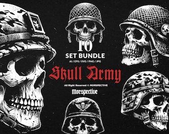10 paquetes de arte oscuro, calaveras, tropas militares, soldados, cascos, tatuajes dibujados a mano, clipart, archivo digital, vector, ilustración, ai/eps/svg/png