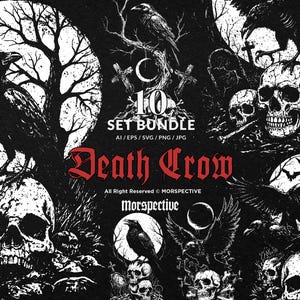 May include: A black and white illustration set featuring crows, skulls, and gothic elements. The design includes a crow perched on a tree, skulls, and the text "Death Crow". The image has a dark, spooky theme.