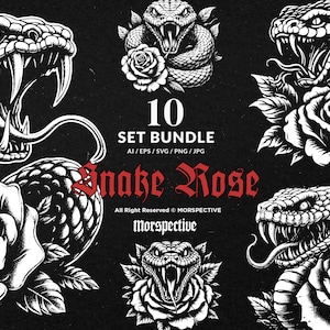 10 Bundle Dark Art Snakes Viper Head with floral Rose Reptile Wildlife Tattoo Clipart Digital File Vector Ai / Eps / Svg / Png illustration