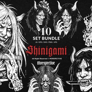 May include: A black and white digital art set featuring ten illustrations of Shinigami, Japanese death gods, with horns, sharp teeth, and knives. The text "10 SET BUNDLE" and "Shinigami" are visible.