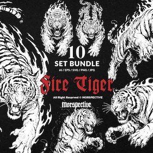Puede incluir: Conjunto de ilustraciones en blanco y negro de tigres con llamas. El texto "10 SET BUNDLE" está encima de "Fire Tiger" en fuente gótica roja. Incluye formatos de archivo AI, EPS, SVG, PNG y JPG.