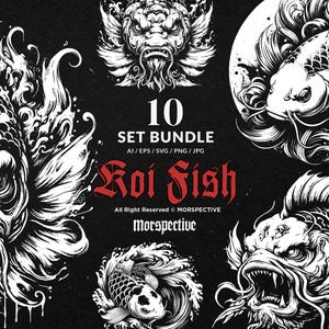 10 Bundle Dark Art Koi Japanese Fish Oriental Tattoo Clipart Digital File Vector Ai / Eps / Svg / Png illustration