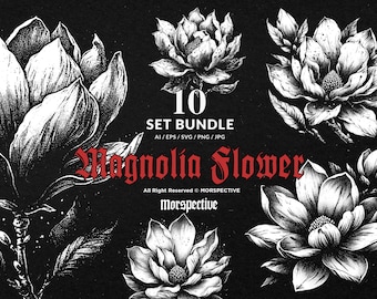 10 Bundle Dark Art Magnolia Fiore Botanico Floreale Fiore di Campo Disegnato a Mano Clipart File Digitale Vettore Ai / Eps / Svg / Png illustrazione