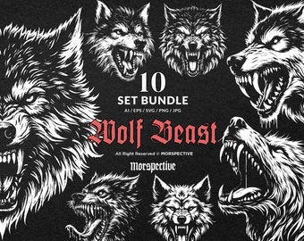 Lot de 10 art sombre loup bête horreur vie sauvage nuit vintage Grunge tatouage clipart fichier numérique vecteur Ai/Eps/Svg/Png illustration