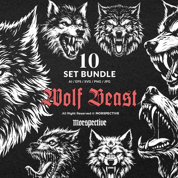 10 Bundle Dark Art Wolf Beast Horror Wild Life Night Vintage Grunge Tattoo Clipart Digital File Vector Ai / Eps / Svg / Png illustration