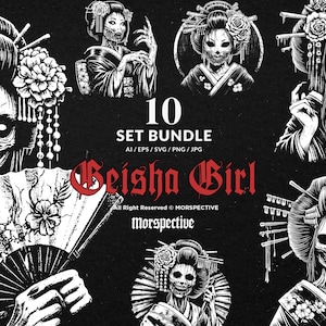 10 Bundle Dark Art Geisha Girl Japanese Anime rose women Oriental Tattoo Clipart Digital File Vector Ai / Eps / Svg / Png illustration