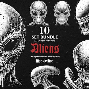 Könnte beinhalten: Ein Set mit 10 Schwarzweiß-Vektorillustrationen von Alien-Köpfen. Die Illustrationen sind im grafischen Stil gehalten und zeigen detaillierte Gesichtszüge. Der Text "10 SET BUNDLE AI/EPS/SVG/PNG/JPG Aliens All Right Reserved © MORSPECTIVE Morspective" befindet sich am unteren Rand des Bildes.