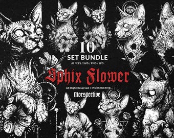 10 Bundle Dark Art Sphix Cat Flower Floral Kitten whisker egypt Tattoo Clipart Digital File Vector Ai / Eps / Svg / Png illustration
