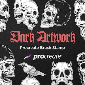 May include: A set of Procreate brush stamps featuring various skull designs, including a skull with wings, a skull with a helmet, and a skull with horns. The text "Dark Artwork" and "Procreate Brush Stamp" are also included in the image.