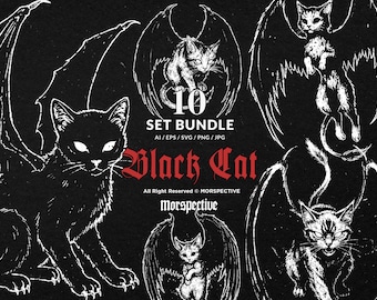 10 Bundle Dark Art Cat Wing Kitten Claws Fur Meow Demon Devil Skull Tattoo Clipart Digital File Vector Ai / Eps / Svg / Png illustration