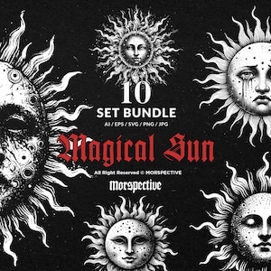 May include: A black and white illustration featuring ten sun designs with faces, radiating light, and the text "10 SET BUNDLE" and "Magical Sun". The designs are in a vintage style, suitable for digital art or graphic design projects.