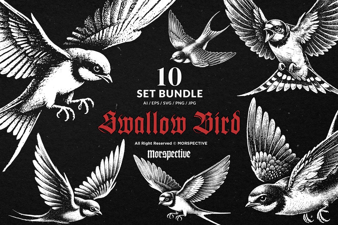 10 Bundle Dark Art Swallow Bird Flaying Animal Tattoo Clipart Digital ...
