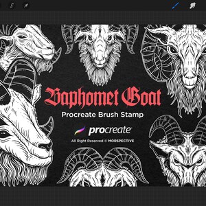 May include: Black and white illustration of a goat's head with horns, repeated in a pattern. The text "Baphomet Goat" is in red, with the words "Procreate Brush Stamp" below it. The Procreate logo is in the bottom left corner.