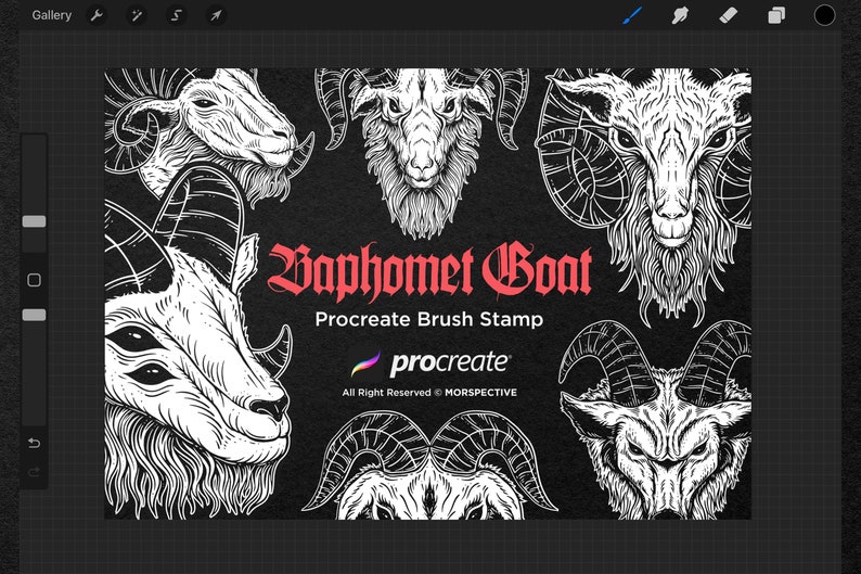 May include: Black and white illustration of a goat's head with horns, repeated in a pattern. The text "Baphomet Goat" is in red, with the words "Procreate Brush Stamp" below it. The Procreate logo is in the bottom left corner.